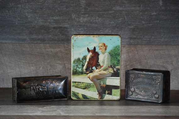 Vintage Biscuit Tins / Burton's Gold Medal Biscuits Tin / Cherry Blossom Boot Polish Outfit Tin