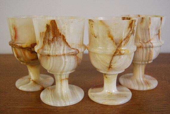 Vintage Set of 4 White Onyx Marble Wine Glasses / Wine Goblets