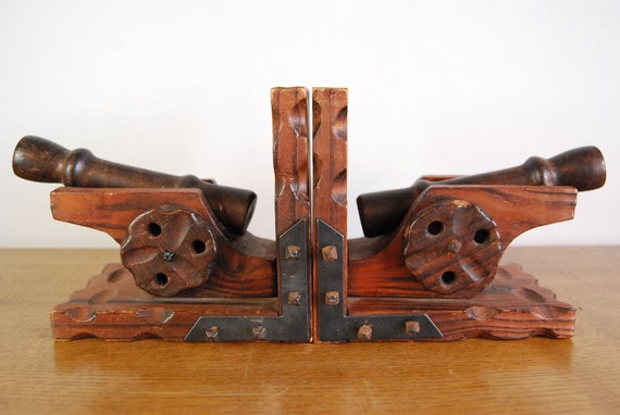 Vintage Large Hand Carved Wooden Cannon Bookends
