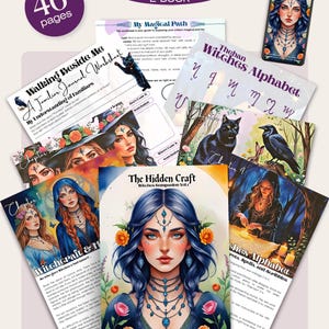May include: A collection of printable e-books and worksheets with a witchy theme. The main image features a woman with blue hair and floral accents. Other pages include the Theban Witches Alphabet, a familiar journal, and a guide to witchcraft.