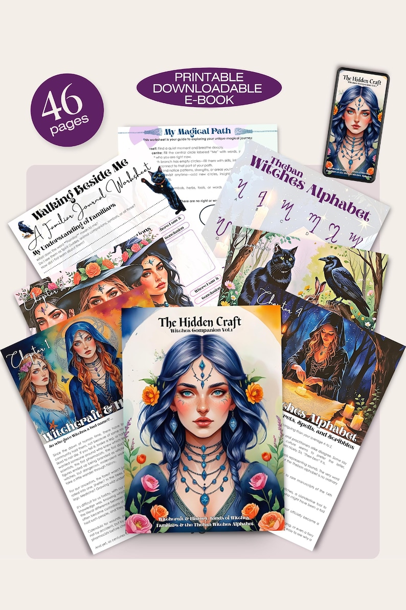 May include: A collection of printable e-books and worksheets with a witchy theme. The main image features a woman with blue hair and floral accents. Other pages include the Theban Witches Alphabet, a familiar journal, and a guide to witchcraft.