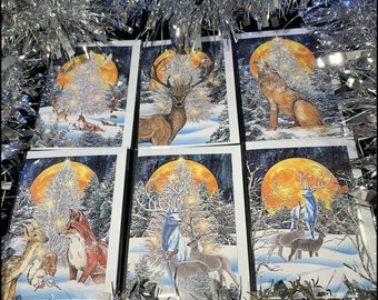 6 x Pagan, Yuletide, Woodland Christmas Cards with internal artwork