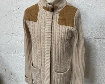 Vintage In Extenso Cream Mans Zip up Cardigan with Suede Shoulders