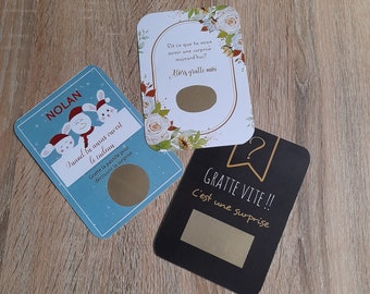 carte a gratter personnalisable pour annoncer une naissance, un mariage, un cadeau, faire une demande etc..