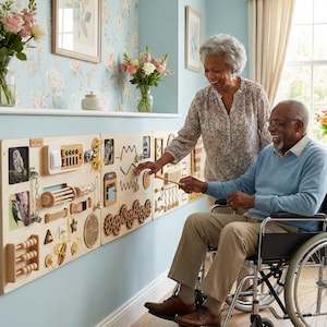 May include: A wooden sensory board with various interactive elements, including switches, gears, and textures. The board is mounted on a light blue wall. The image shows an elderly couple interacting with the board.