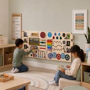 May include: A wooden sensory board with various interactive elements, including gears, beads, and a clock, is mounted on a wall. Two children are interacting with the board and reading a book. The room also features a table, shelves, and a rug.