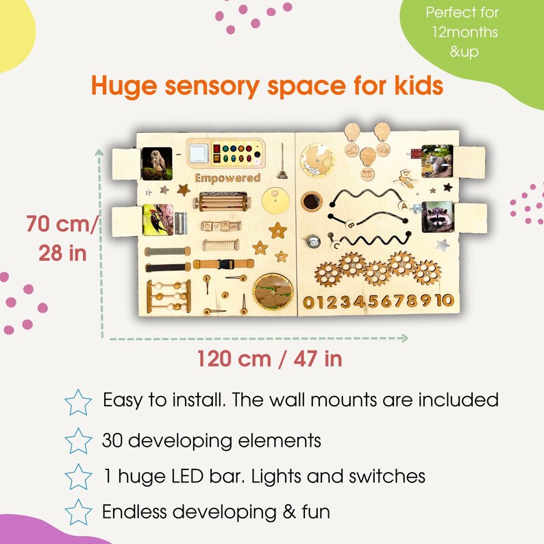 Sensory large busy board-Wall panel LED light 12070 cm-Montessori playroom board for toddlers-Activity board Gifts for kids image 4