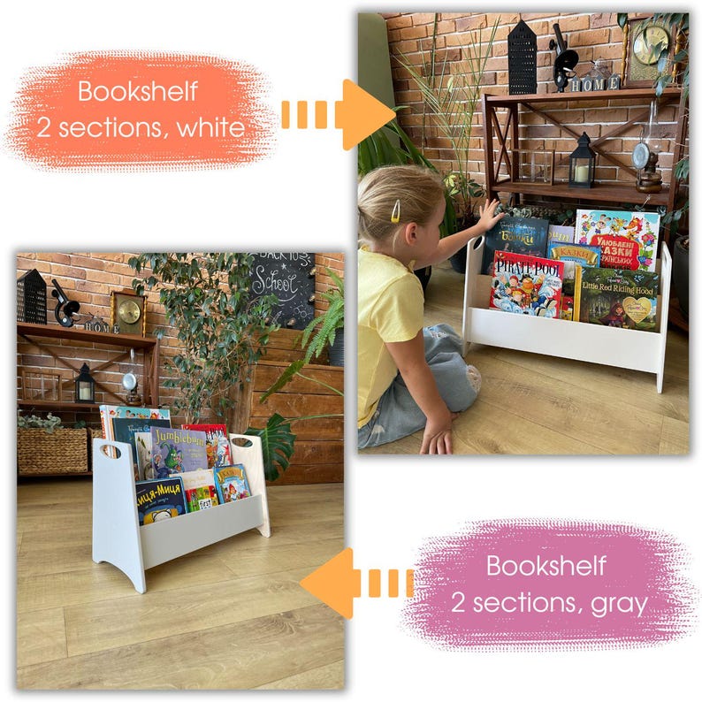 May include: Two white bookshelf units with two sections each. The bookshelf on the left is filled with children's books. The bookshelf on the right is empty.