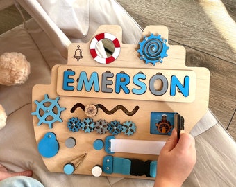 Personalized Name Busy Board For Baby Montessori Toy Wooden Sensory Board 1 Year Old Baby Gift Baptism 1st Birthday