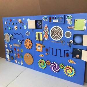 Sensory large busy board Space theme-Wall panel LED light 160*70 cm-Montessori playroom board for toddlers-Activity board-Wall Mounted Toy