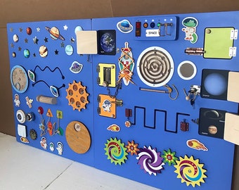 Sensory large busy board Space theme-Wall panel LED light 160*70 cm-Montessori playroom board for toddlers-Activity board-Wall Mounted Toy