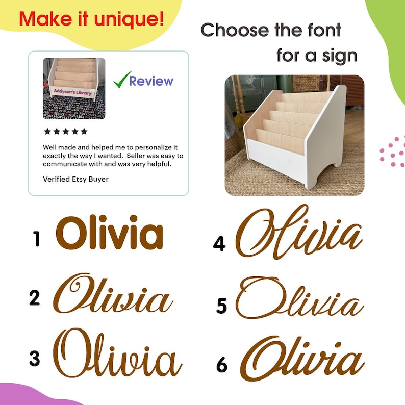 May include: Six different font styles for the name Olivia, displayed in brown text on a white background. The fonts are numbered 1 through 6. The name Olivia is displayed in a simple, bold font in option 1. The name Olivia is displayed in a cursive font in options 2, 3, 4, 5, and 6.