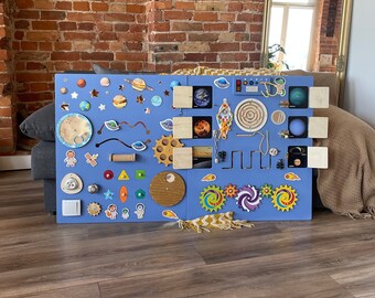 Sensory large busy board Space -Wall panel LED light 160*70 cm-Montessori playroom board for toddlers-Activity board-1st Birthday gift