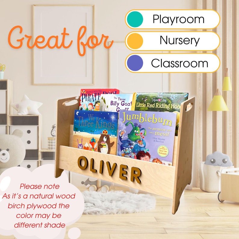 May include: A light wood children's book shelf with a personalized name "OLIVER" on the front. The shelf is filled with colorful children's books. The shelf is great for a playroom, nursery, or classroom.