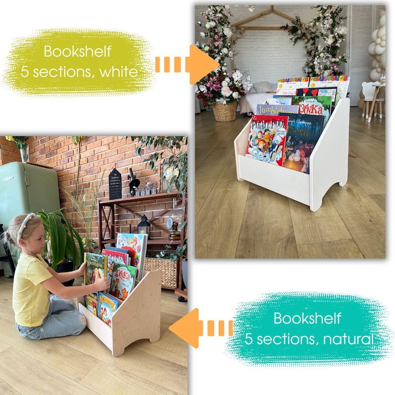 May include: Two wooden bookshelves with five sections each. One bookshelf is white and the other is natural wood. Both bookshelves are filled with children's books.