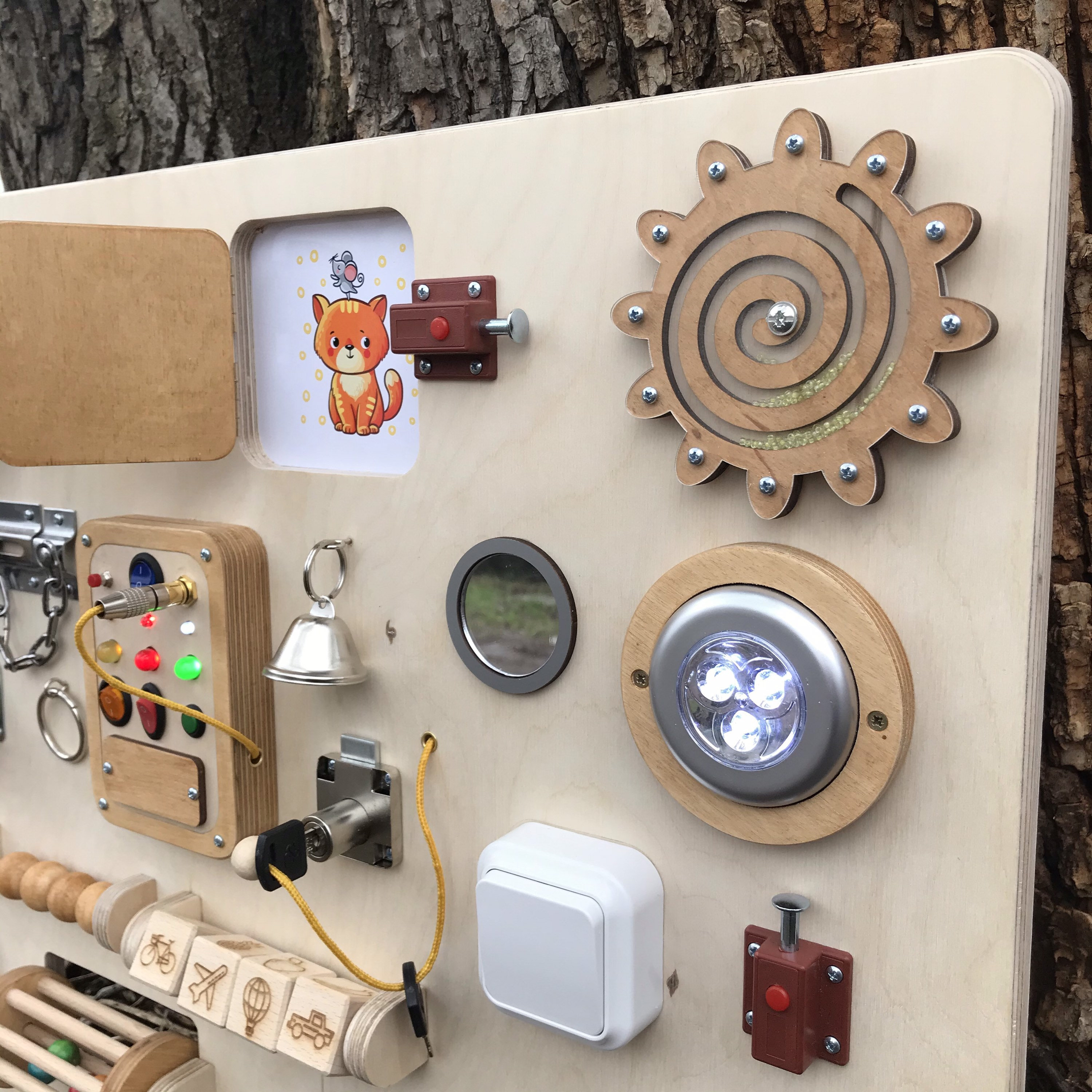 Natural busy board for toddlers with switch box and lights Etsy
