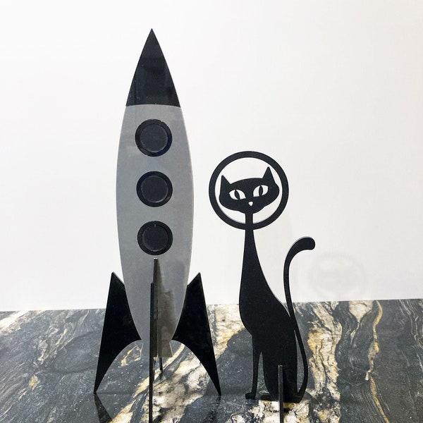 Atomic Age Rocket with MCM Black Cat | Mid Century Modern Sculpture | Retro Home Decor | Vintage Space Art