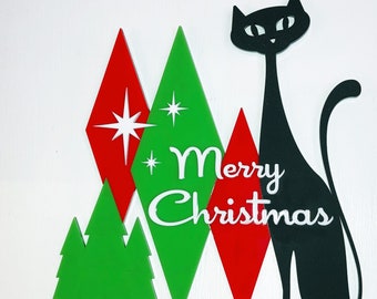 MCM Christmas Sign Atomic Black Cat |  Mid Century Modern Holiday Decor | Merry Christmas Vintage Wall Decor Sign | Holiday Home Decor