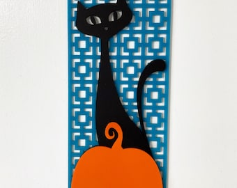 Halloween Mid Century Modern Black Cat Wall Decor - Halloween Decor - Retro MCM Zwarte Kat met Pompoen