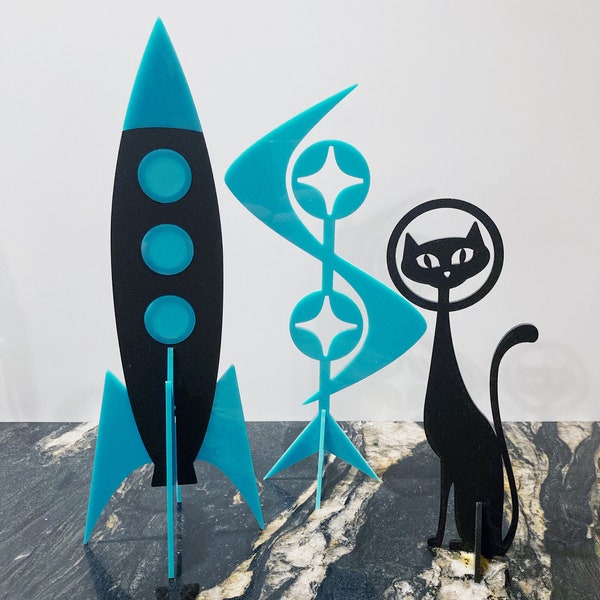 MCM Space Rocket with Atomic Black Cat | 3 Piece Mid Century Modern Sculpture Set | Retro Home Decor | Vintage Space Art