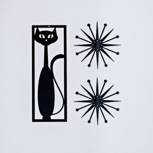 Mid Century Modern Cat w/ Starburst | 3 Piece Set | Wall Decor - Retro Cat - Atomic Cat