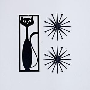 Mid Century Modern Black Cat w/ Starburst | 3 Stück Set | Wanddeko - Retro Black Cat - Atomic Cat