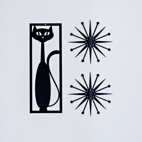 Mid Century Modern Black Cat w/ Starburst | 3 Piece Set | Wall Decor - Retro Black Cat - Atomic Cat