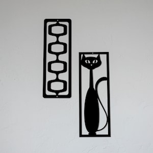 Mid Century Modern Black Cat 2 Piece Set - Wall Decor - Retro Black Cat - Atomic Cat