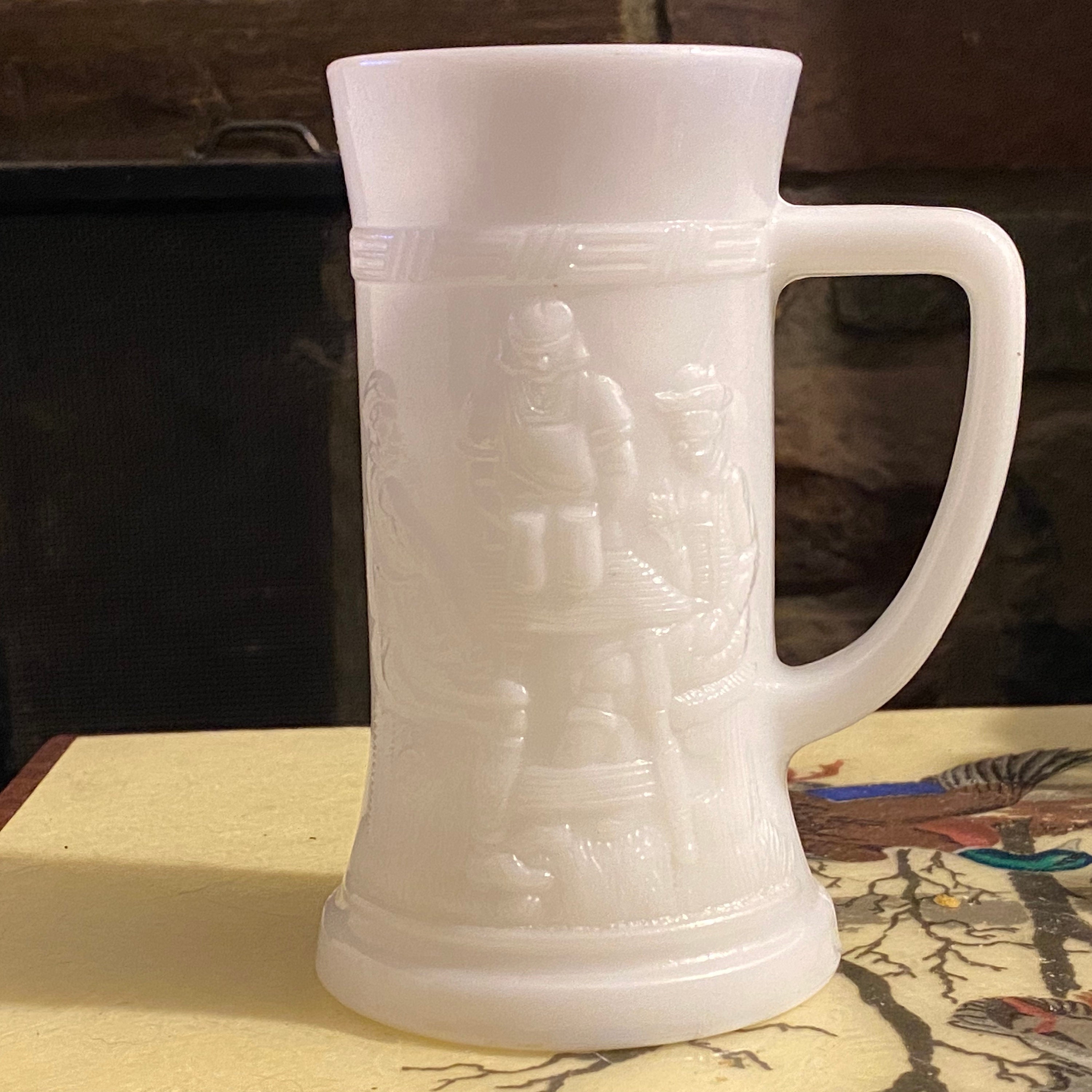 Retro Vintage Federal White Milk Glass Beer Stein/ Mug with Embossed Bar Pub Scene