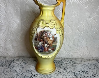 Vintage Rococo‑Revival Porcelain Ewer • Classical Transfer Scene • Yellow & Orange • MCM German/Thuringian Style Decorative Pitcher Vase