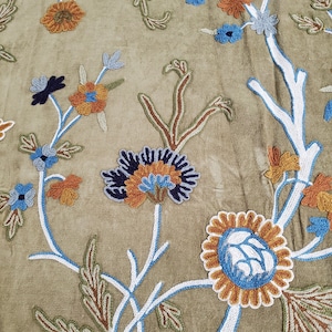 Beautiful Crewel on cotton velvet in olive green, burnt orange, teal, navy colors, Perfect for Home Decor, bedding, pillows, upholstery, etc