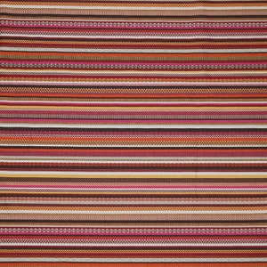 May include: A colorful striped fabric with a variety of patterns, including zigzags, squares, and stripes. The fabric is made of a woven material and has a soft, textured feel.