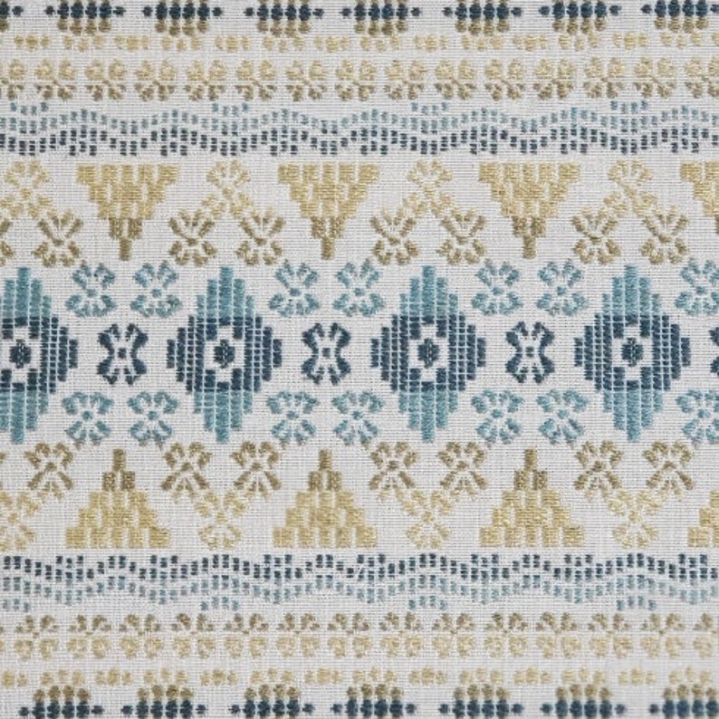Colorful modern Fair Isle woven design in teal, blue, gold, yellow, green, ivory, & indigo perfect for bedding, apparel, table, upholstery,. image 2