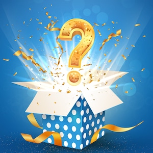 May include: A blue and white polka dot gift box with a golden question mark popping out of it. The box is surrounded by confetti and ribbons.