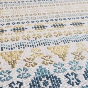 Colorful modern Fair Isle woven design in teal, blue, gold, yellow, green, ivory, & indigo perfect for bedding, apparel, table, upholstery,. image 5