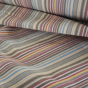 Multi-colored cotton stripe in red,gold,blue,tan,& ivory, perfect for home decor, bedding, pillow, upholstery,and crafts