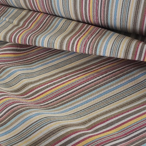 Multi-colored cotton stripe in red,gold,blue,tan,& ivory, perfect for home decor, bedding, pillow, upholstery,and crafts
