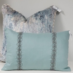 18x26 Decorative Pillow in Sage Blue Linen with Braided Trim - Perfect touch to your bed, sofa, chair, etc...Fabric Available Also