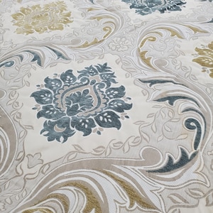 Regal damask woven chenille Blue/Tan/Gray/Silver design perfect for upholstery, home decor, bedding, crafts, drapery, etc.