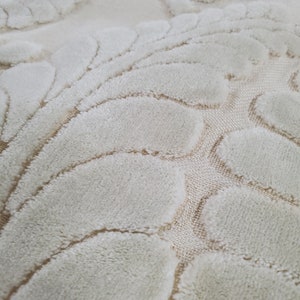 Pale blue cut VELVET leaves woven on an ivory background, Perfect for home decor, upholstery, crafts, handbags, pillows, tableware, etc..