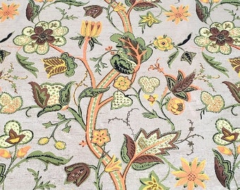 Rich Jacobean floral print in vibrant green, yellow, orange colors on raw silk fabric perfect for apparel, drapery, bedding, decor, wedding,