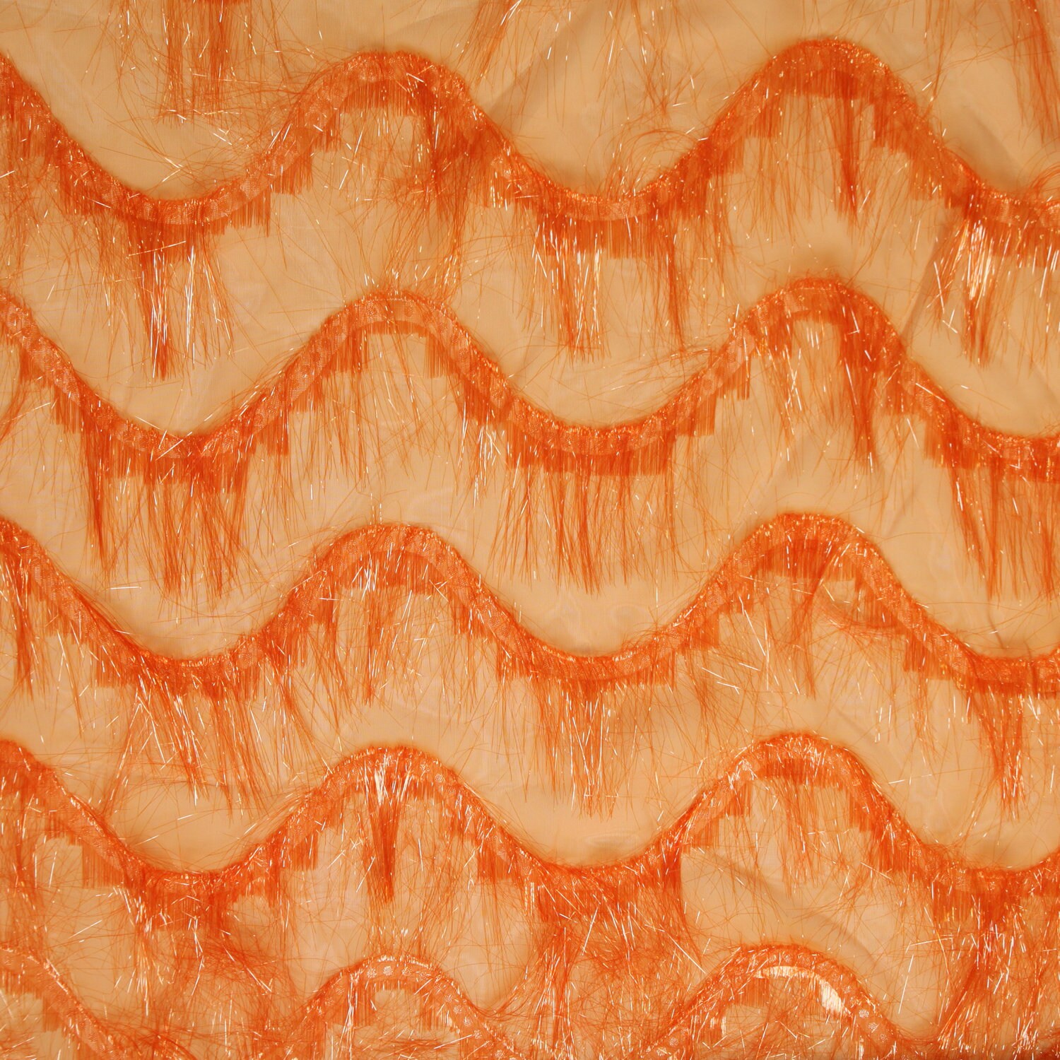 Fun Festive Carnival Orange sheer with fringe perfect for Parties, Drapery, Pillows, Apparel, Crafts, Tableware, etc..