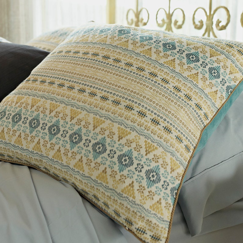 Colorful modern Fair Isle woven design in teal, blue, gold, yellow, green, ivory, & indigo perfect for bedding, apparel, table, upholstery,. Blue