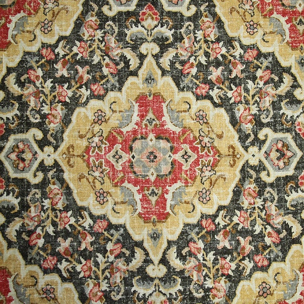 Kilim Turkish rug pattern printed on Linen/Viscose Fabric in colors of black, red, gold, browns, etc. PERFECT for drapery, upholstery, etc..