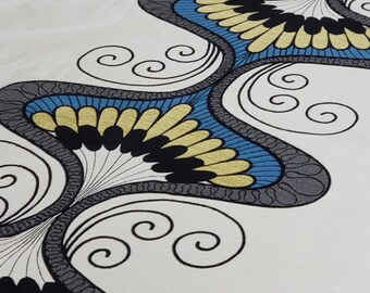 Art Nouveau pattern in blue, gold, black, & ivory woven in thick ivory background perfect for upholstery, pillow, home decor, drapery, etc..