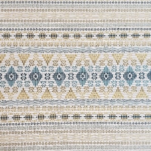 Colorful modern Fair Isle woven design in teal, blue, gold, yellow, green, ivory, & indigo perfect for bedding, apparel, table, upholstery,. image 1