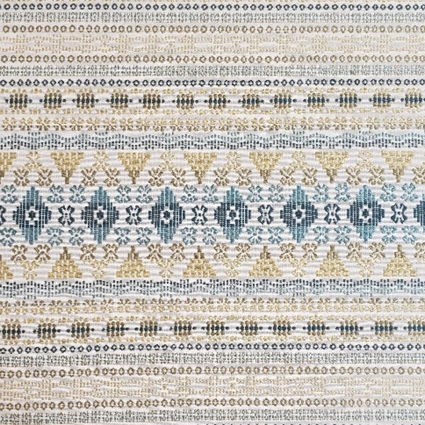 Colorful modern Fair Isle woven design in teal, blue, gold, yellow, green, ivory, & indigo perfect for bedding, apparel, table, upholstery,.