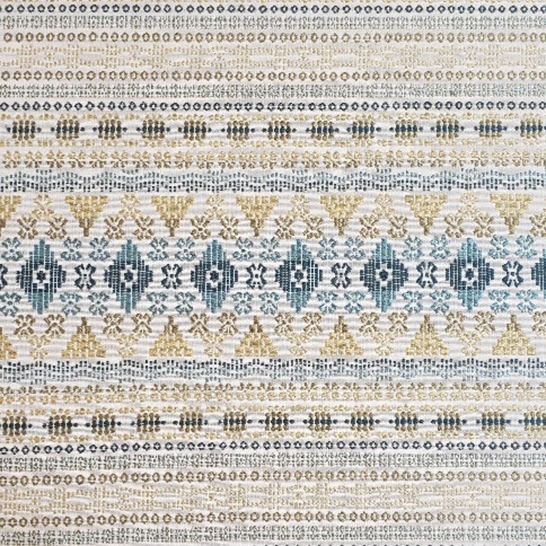 Colorful modern Fair Isle woven design in teal, blue, gold, yellow, green, ivory, & indigo perfect for bedding, apparel, table, upholstery,. image 1