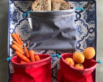 Set de almuerzo: 1 bolsa lavable y reutilizable del tamaño de un sándwich más 2 bolsas del tamaño de un bocadillo