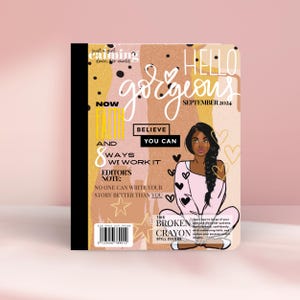 Puede incluir: Una portada de revista con un fondo abstracto en beige, rosa y negro con el texto Hello Gorgeous September 2024. Una ilustración de una persona con el pelo largo y oscuro trenzado se sienta en el centro rodeada de corazones negros.